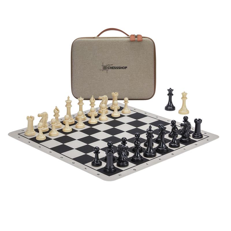 Conqueror Tournament Travel Chess Set 18”x18” Foldable Silicone Chess Board / 3.5” King Height Plastic Double Weighted Classic Staunton (Black and White Chessboard)