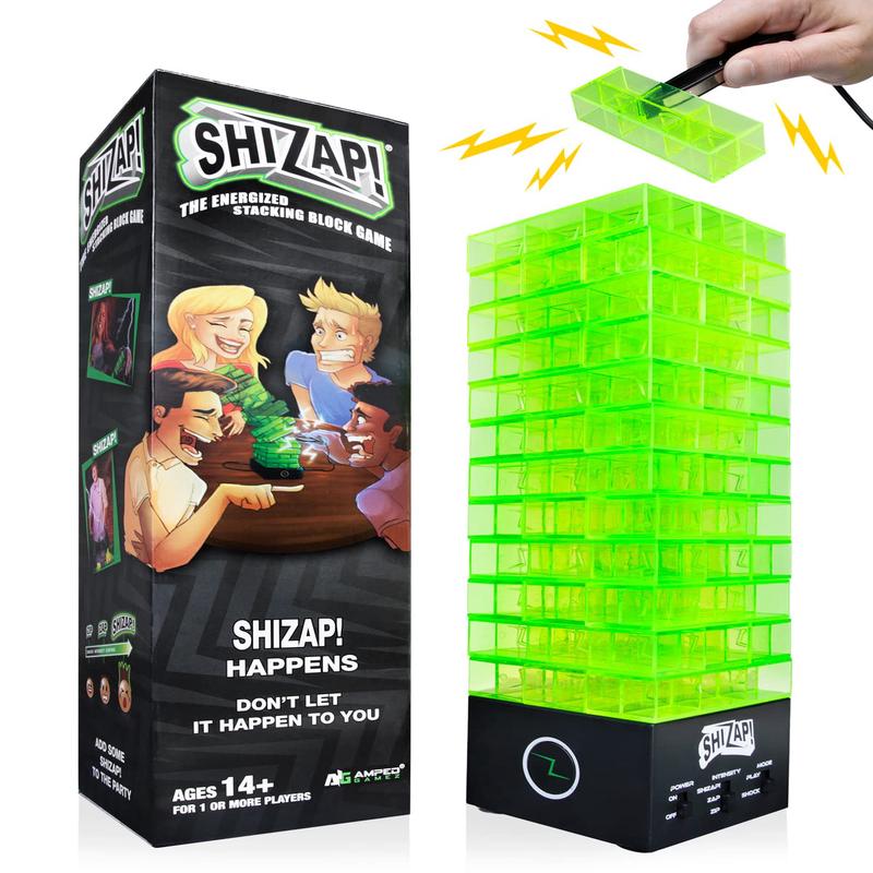 Amped Gamez ShiZap! Illuminated Electric Shock Stacking Block Game – Multicolor, LED Base, Family Fun for Teens & Adults
