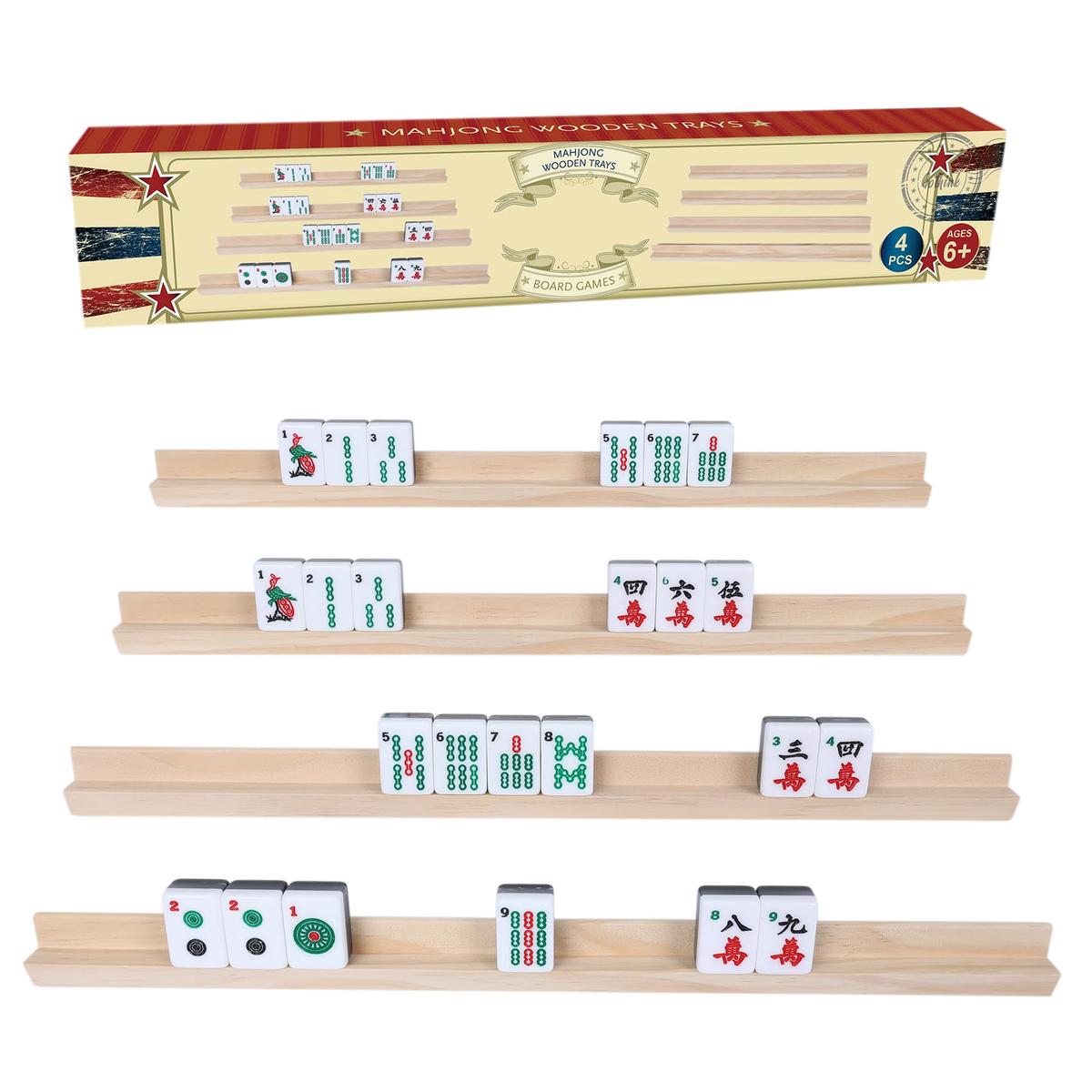 GOTHINK Wooden Mahjong Tiles Trays/Racks/Holders Set of 4 Upgrade Your Mahjong Game Racks for Mahjong Mexican Train Dominoes and More (Racks Only)