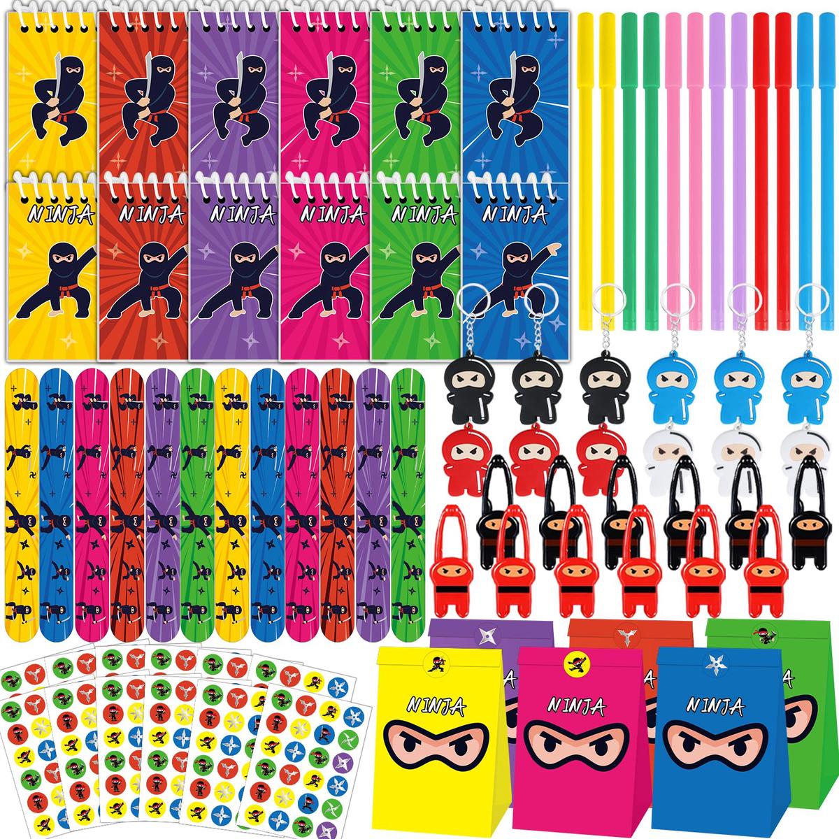 84pcs Karate Party Favor Colorful Karate Paper Bag Notepad Pen Slap Bracelets Key Chain TPR Stretchy Flying Toys Stickers Karate