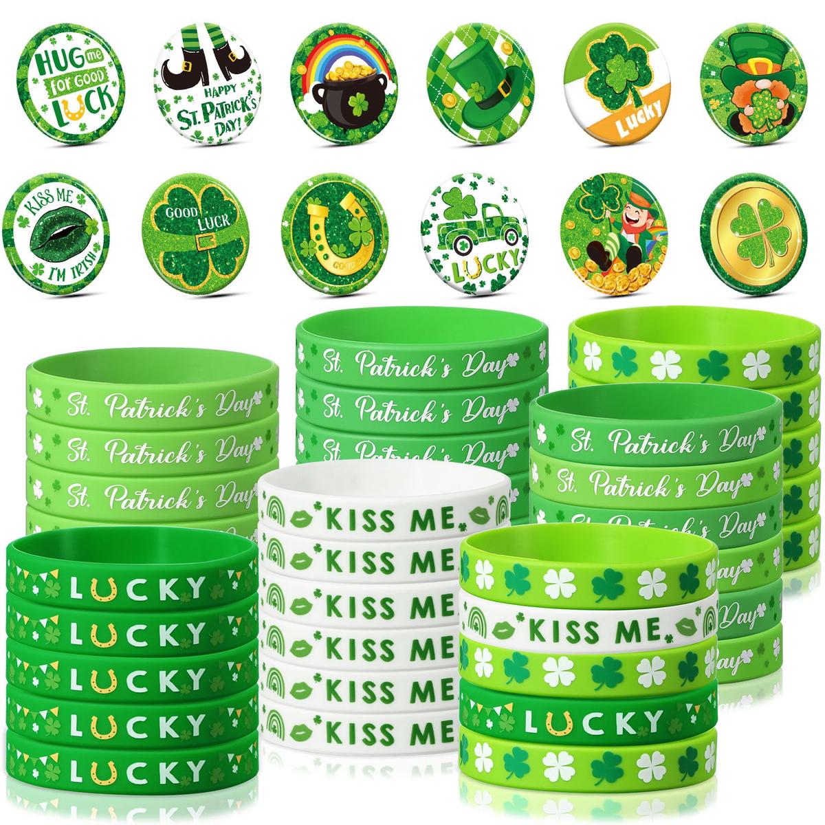 72 Pieces St. Patricks Day Party Favors Including Green Shamrock Bracelet Lucky Rubber Wristbands Irish Clover Badges Bulk for