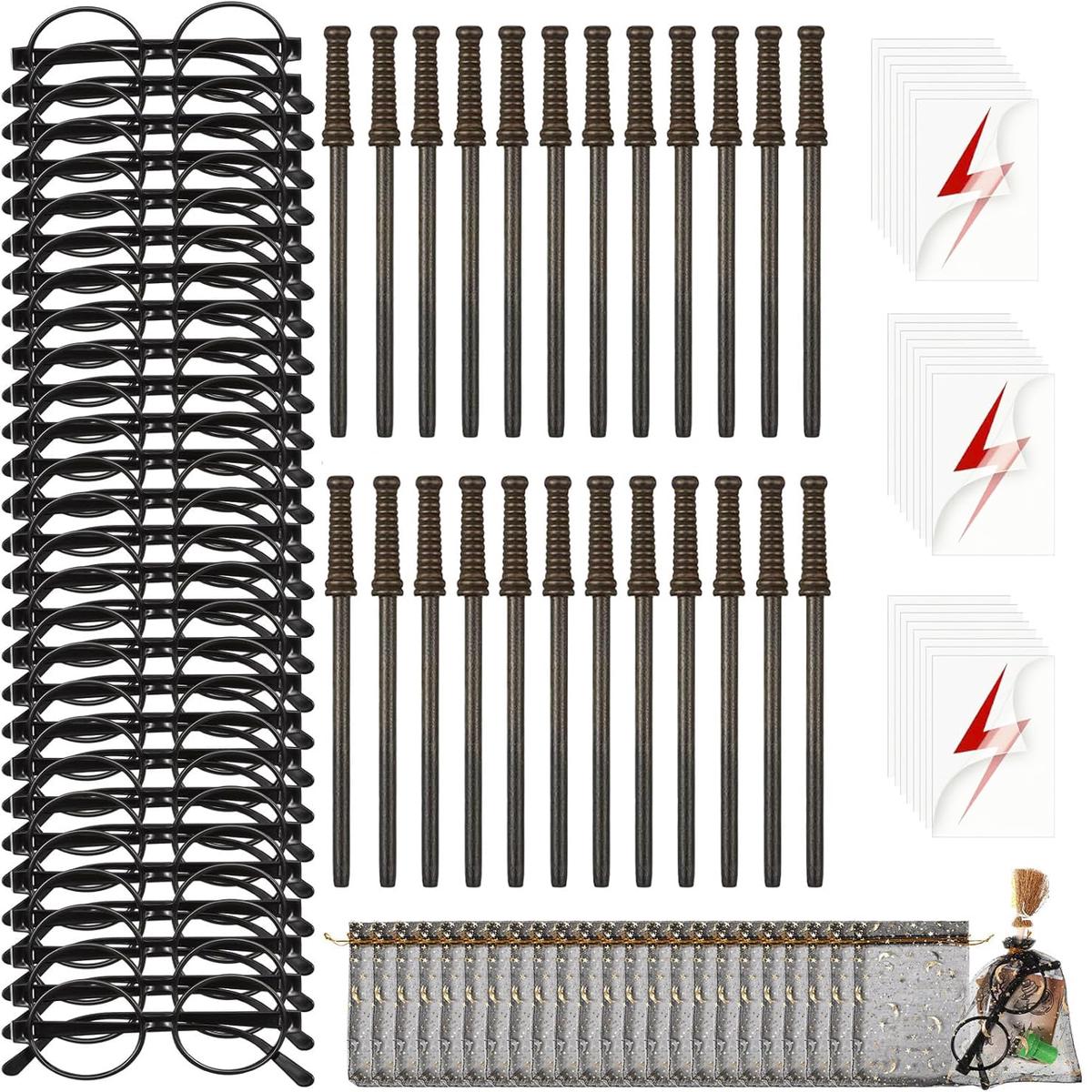 96 PCS Wizard Party Favors Set 24 Wand Pencils, 24 Wizard Glasses with 24 Gift Bags for Wizard Theme Party Supplies Birthday Sch